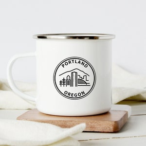 Portland Oregon Mug Camp Gifts, Enamel Coffee Cup with Stainless Steel Rim