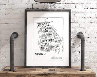 Vintage Georgia Map Wall Art, State Poster in Black and White