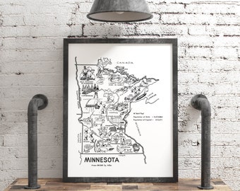Minnesota Map Print, Vintage Travel Nursery Wall Art, Country Style Minnesota Decor