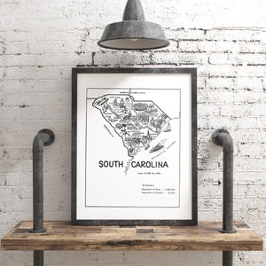 Vintage South Carolina Poster State Art, Black and White Travel Print