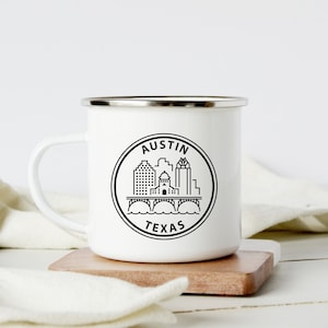 Custom Austin Texas Mug Camping Gifts, Enamel Cup with Stainless Steel Rim