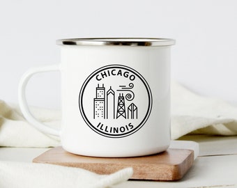 Chicago Illinois Mug Personalized Gifts, Camping Mug with Stainless Steel Rim