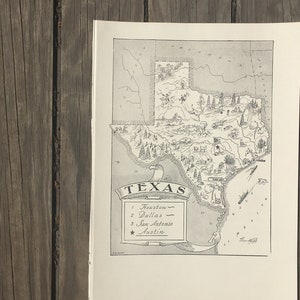 Vintage Texas Map Art, 1950s State Wall Decor, Old Map of Texas