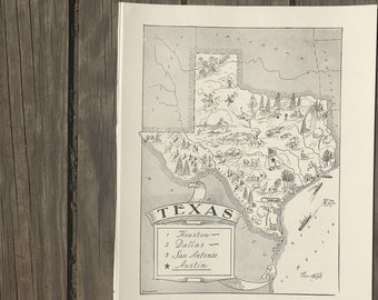 Vintage Texas Map Art, 1950s State Wall Decor, Old Map of Texas