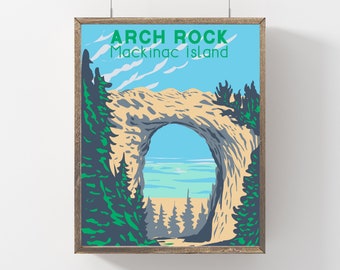 Mackinac Island Travel Poster, Vintage Style Arch Rock Michigan Wall Art