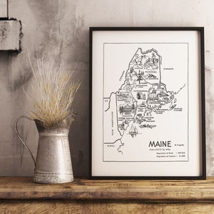 Maine Print State Wall Art, Maine Poster Travel Art, Vintage Maine Mapa Decoración de la pared de la cocina