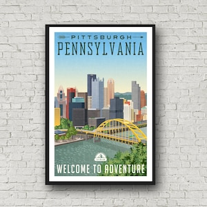 Pittsburgh Print Travel Poster, Vintage Style City Wall Art, Pennsylvania Retro Decor