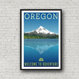 Oregon Travel Poster with Mount Hood, Retro Style State Adventure Print