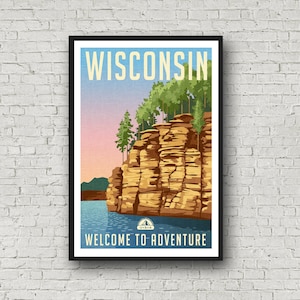 Wisconsin Poster Travel Print, Vintage Style Wisconsin Art
