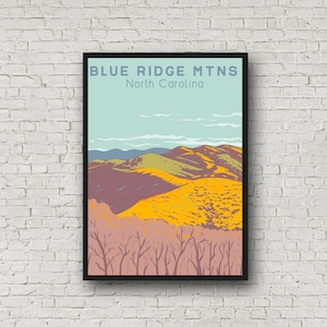 Blue Ridge Mountains Wall Art, Vintage Style North Carolina Travel Poster