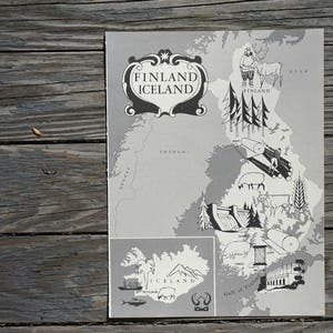 Ilustração de mapa vintage da Finlândia, página de livro antigo da década de 1960