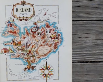 Vintage IJsland kaart, Wereldreis kunst met Reykjavik en Gullfoss Waterval