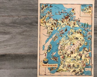 Illustration de carte du Michigan, carte vintage de dessin animé d'art du Michigan, décoration murale de voyage