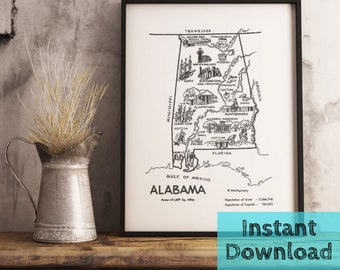 Alabama Map DIGITAL Printable Map from 1950s, State Wall Art Instant DOWNLOAD