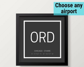 Affiche personnalisée du code d'aéroport, cadeaux d'aviation, cadeau de pilote, art mural de voyage, plaque d'aéroport