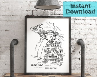 Michigan Map DIGITAL Printable Art, Michigan Print 1950s State Wall Art Instant DOWNLOAD