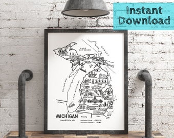 Michigan Map DIGITAL Printable Art, Michigan Print 1950s State Wall Art Instant DOWNLOAD