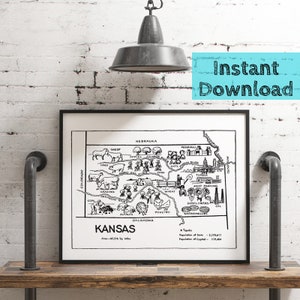Kansas Map DIGITALE druckbare Karte, Kunst der 50er Jahre, sofortiger DOWNLOAD