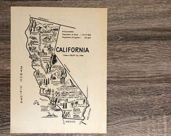 Vintage California Map Coloring Book Page, 1950s State Wall Art Travel Map Decor