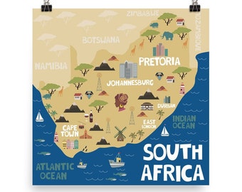 South Africa Map Travel Gift, Kids Wall Art Print
