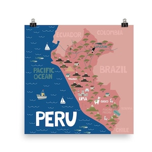 Póster de viaje con mapa de Perú, impresión artística para pared de guardería
