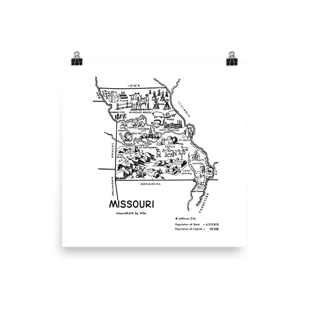 Missouri Map DIGITAL Printable Map 1950s State Wall Art | Etsy