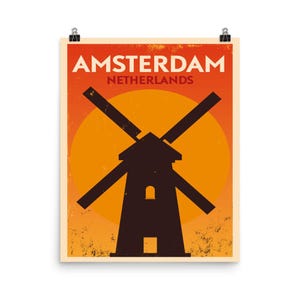 Amsterdam Netherlands Poster Travel Decor, Windmill Bedroom Art