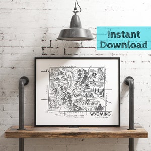 Impression numérique de la carte du Wyoming, téléchargement immédiat d'art mural d'État vintage