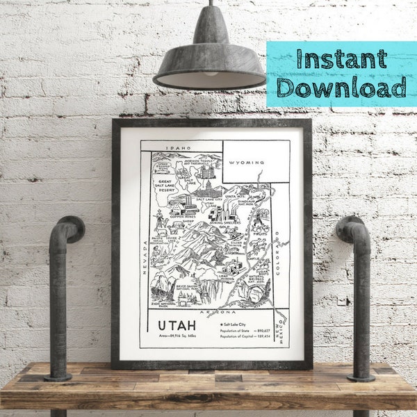 Utah Map Print Instant DOWNLOAD, 1950s State of Utah DIGITAL Art