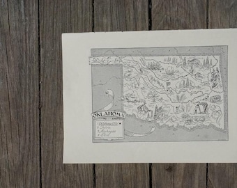 Oklahoma Map Vintage State Art, 1940s Book Page Picture Illustration