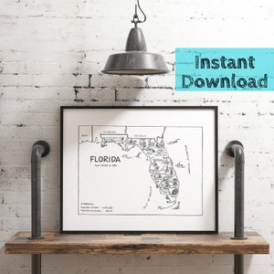 Kaart Florida DIGITALE afdrukbare download, staatsmuurkunst jaren 1950