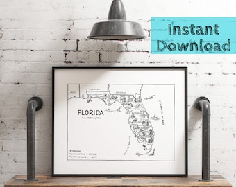 Florida Map DIGITAL Printable Download, 1950s State Wall Art Florida Gift