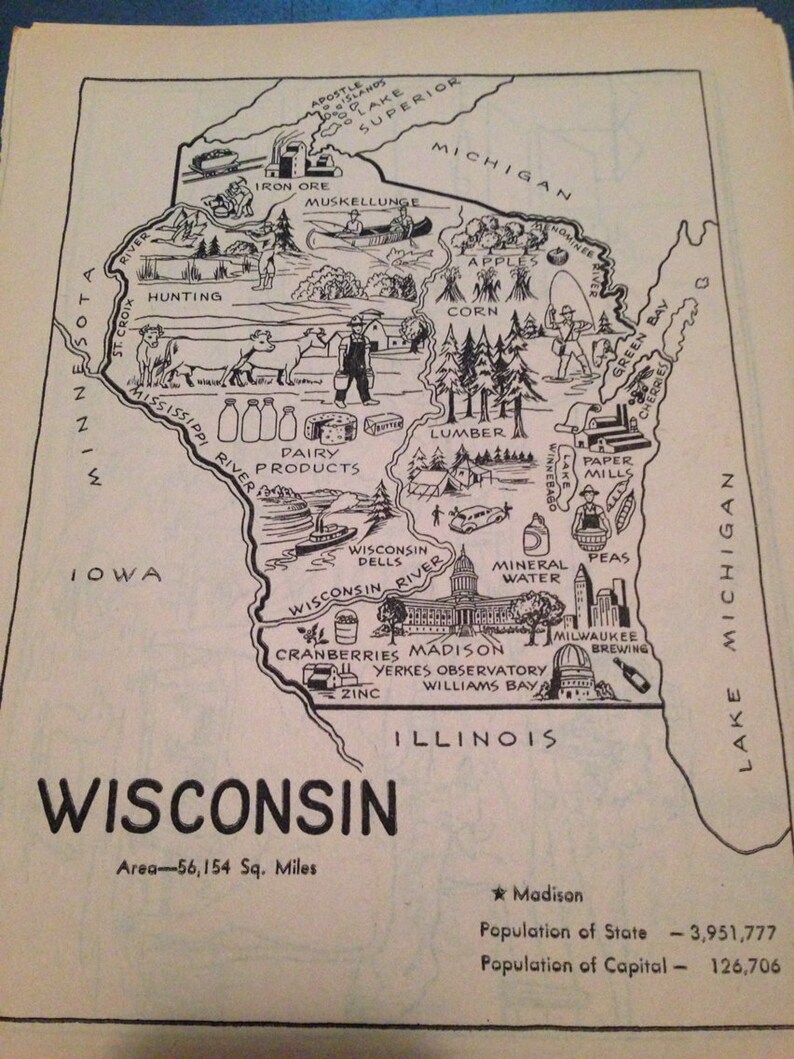 Wisconsin Map Coloring Book Page / Vintage Map State Wall | Etsy Wisconsin Map Coloring Book Page / Vintage Map State Wall | Etsy