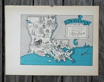 Vintage Louisiana Map Art, State Wall Decor, Old Map of Louisiana