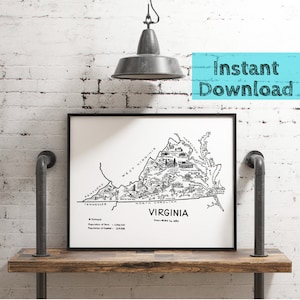 Virginia Map DIGITAL Printable, Instant DOWNLOAD, 1950s State Wall Art