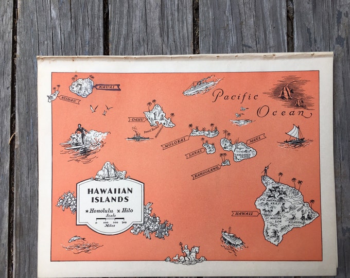 Vintage Hawaii Map Art, State Wall Decor, 1940s Old Map Illustration