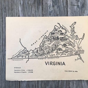 Vintage kaartkunst Virginia, staatskaart kleurplaten boekpagina jaren 1950