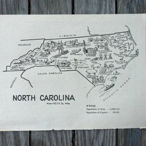 Vintage North Carolina Map Coloring Book Page, Travel Map Decor