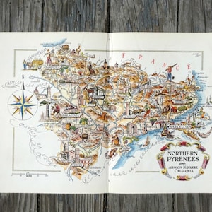 Arte del mapa de España vintage, Pirineos del Norte y ilustración de libros antiguos de Barcelona