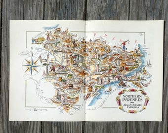 Spain Map Decor, Northern Pyrenees Map Wall Decor, Barcelona Map Gift Old Book Illustration