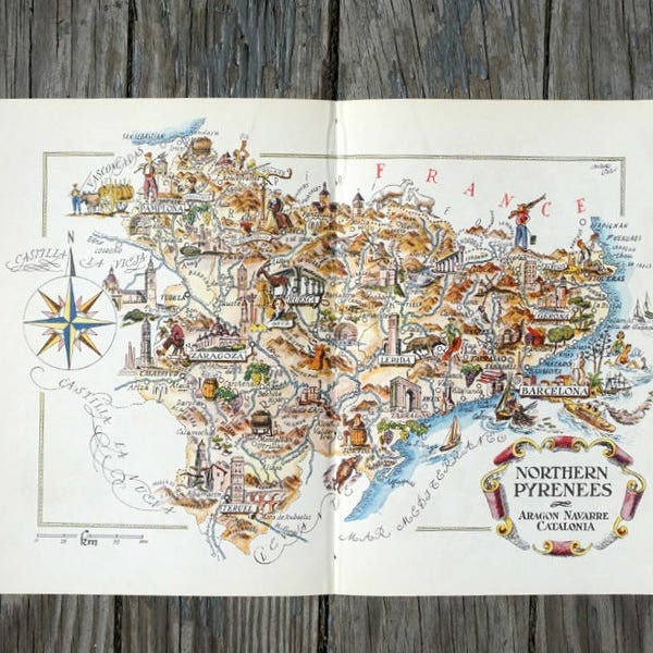 Décor de carte d'Espagne, décoration murale des Pyrénées du Nord, illustration de livre ancien cadeau Barcelone