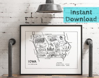 Iowa Karte DIGITALER Druck, State Wall Art für Kinder, Sofort DOWNLOAD