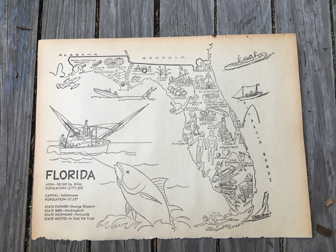 Map of Florida Coloring Book Page / Vintage Map Home State - Etsy