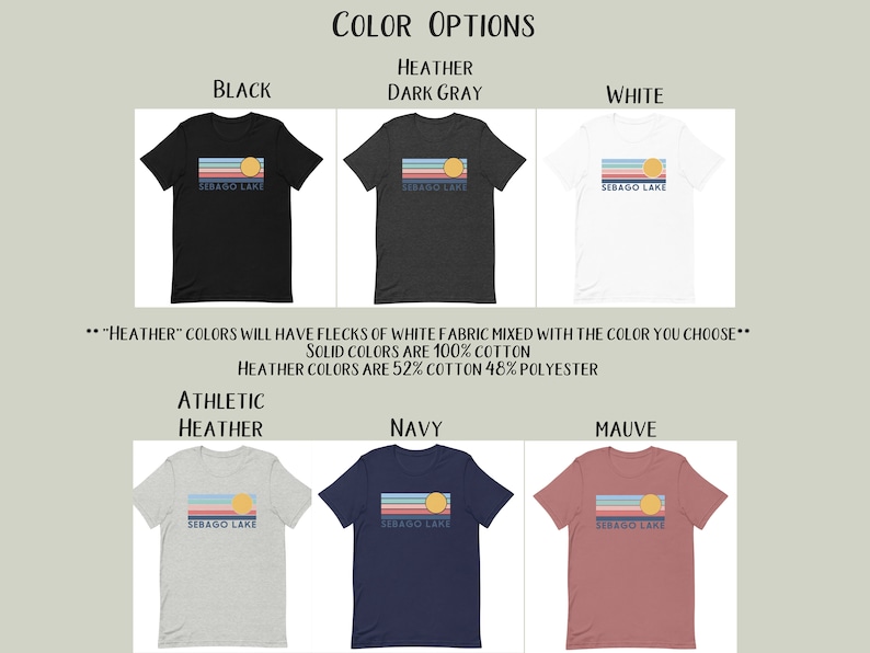 May include: A selection of t-shirts in various colors, including black, dark gray, white, athletic heather, navy, and mauve. Each shirt features a horizontal design with stripes, a sun, and the text "Sebago Lake."