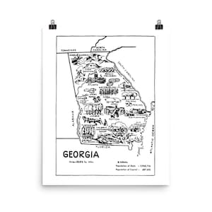 May include: A black and white illustration of the state of Georgia, showing various agricultural products and industries. The map includes text labels for each region, such as "Peach Orchards", "Watermelons", "Yams", "Cotton", and "Turpentine". The map also includes the state's area and population information.