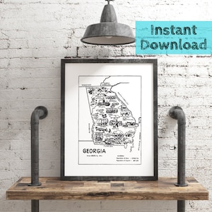 Georgia Map DIGITAL Printable, 1950s Georgia Print State Wall Art DOWNLOAD