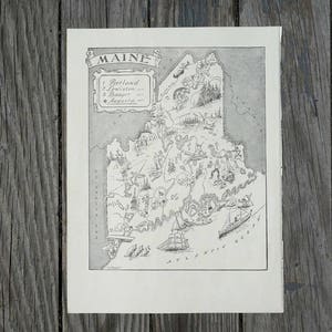 Vintage Maine Map Wall Art, 1950s State of Maine Travel Wall Decor