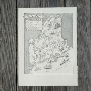 Vintage Maine Map Wall Art, 1950s State of Maine Travel Decor
