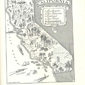 Vintage California Map from the 1950s, Antique State Travel Art