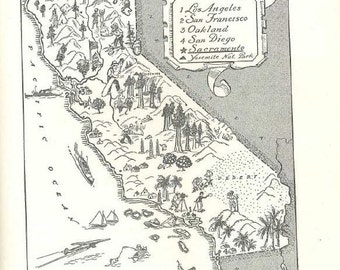 Mapa vintage de California de la década de 1950, arte de viajes estatal antiguo